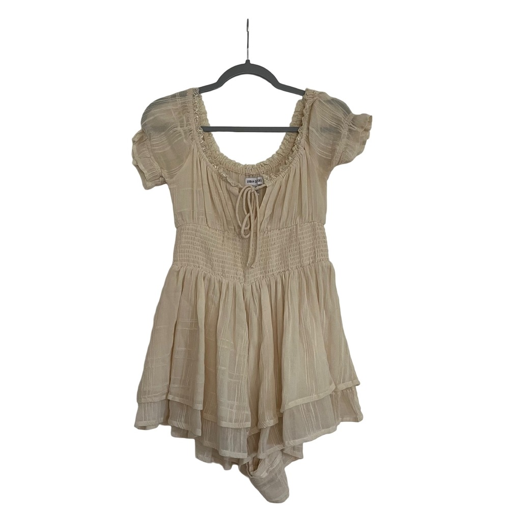 Urban Outfitters Romper Women Small Ivory Smocked Ruffle Boho Whimscal